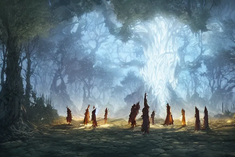 Image similar to dungeons and dragons fantasy painting, sacred grove of autumn maple bonsais in a desert with gnostic glowing runes, anime inspired by krenz cushart, evening lighting, by brian froud jessica rossier and greg rutkowski