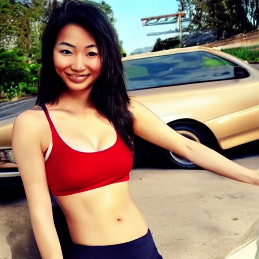 Prompt: very beautiful asian woman in a red sports bra in front of a car, smiling, flirty, eye contact, perfect face, perfect body, drawn by artgerm