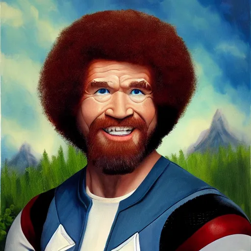 Prompt: Bob Ross as Captain America, painting, portrait