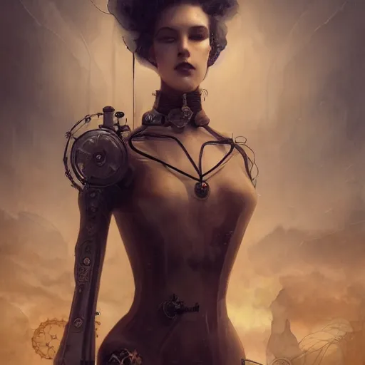 Prompt: By Tom Bagshaw, Abstract tech, a very beautiful steampunk female in bodysuit, ruins by night, symmetric body features proportions, horror, volumetric clouds and fog, focus, detailed, realistic eyes looking at camera, symmetric body features proportions, golden ratio, intricate details, award winning, unreal render