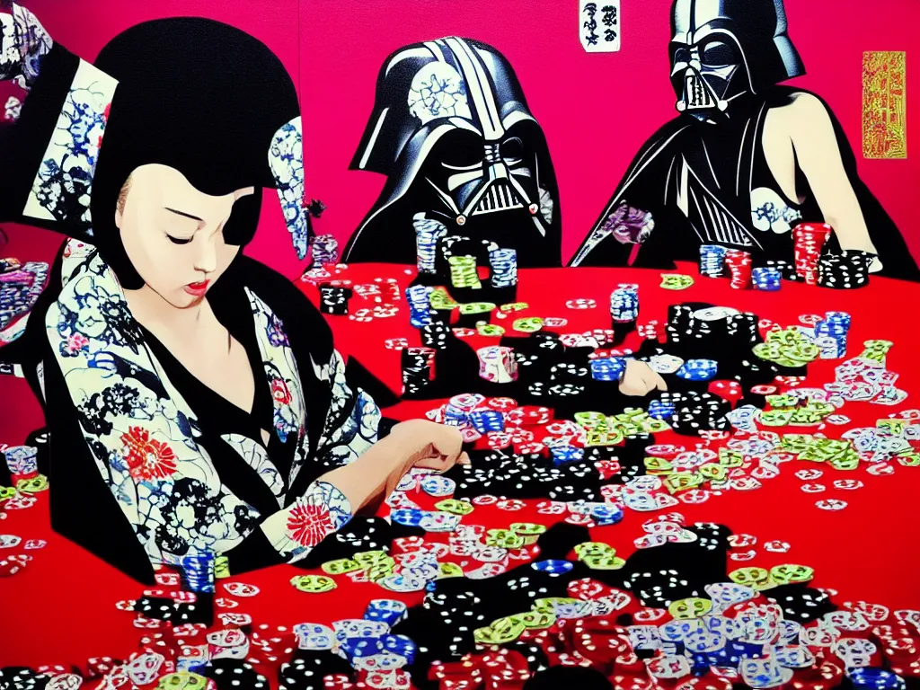 Image similar to hyperrealism composition of the detailed woman in a japanese kimono sitting at an extremely detailed poker table with darth vader, fireworks on the background, pop - art style, jacky tsai style, andy warhol style, acrylic on canvas