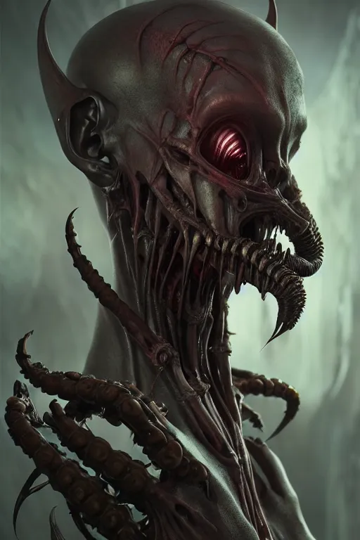 Prompt: ultra realistic, human alien predator vampire hybrid, gothic, fantasy, flesh, bone, body horror, intricate details, eerie, highly detailed, octane render, 8 k, art by artgerm and alphonse mucha and greg rutkowski