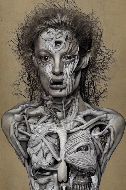 Image similar to Detailed maximalist portrait of a greek god with large lips and eyes, scared expression, botanical anatomy, skeletal with extra flesh, HD mixed media, 3D collage, highly detailed and intricate, surreal illustration in the style of Jenny Saville, dark art, baroque, centred in image