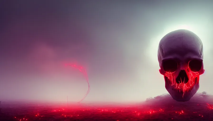 Image similar to Photorealistic Skull covered in thin red strings Surrounded by thick fog and puffy magical clouds that glow from lights in the distance, volumetric lighting, haze, atmosphere, magical lighting, digital art, wallpaper, octane, redshift, creepy, shallow depth of field