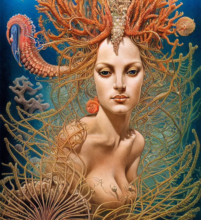 Image similar to realistic detailed underwater portrait of the goddess of the fish of the three times with an intricate headdress of corals, sea kelp, sea plants, fish, jellyfish, art by boris vallejo and ernst haeckel, face in focus in the middle, neo - gothic, gothic,