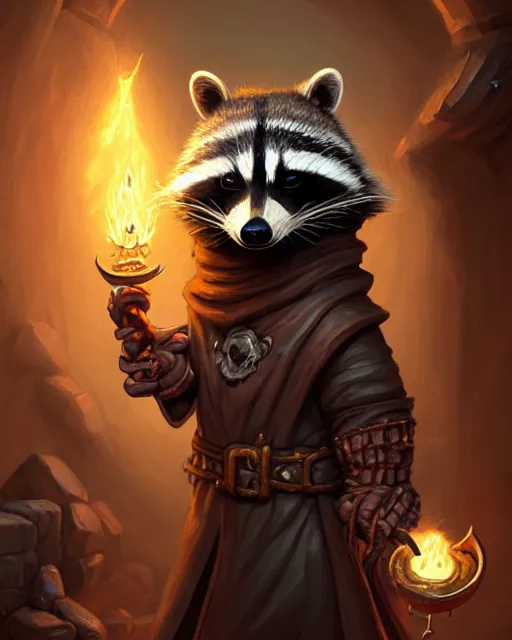 Image similar to anthropomorphic hooded necromancer raccoon casting a spell in a dungeon, deep focus, d & d, fantasy, intricate, elegant, highly detailed, digital painting, artstation, concept art, matte, sharp focus, illustration, hearthstone, art by artgerm and greg rutkowski and alphonse mucha