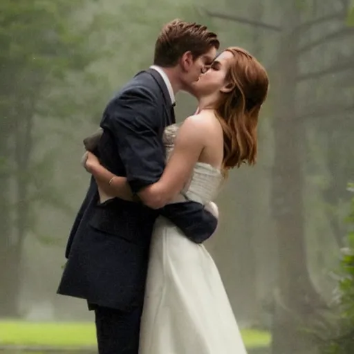 Prompt: still of emma watson kissing dean in the rain in supernatural