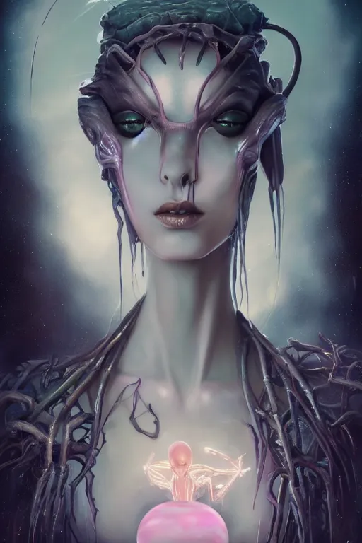 Image similar to portrait of an elegant alien spider queen, long legs, many legs, spindly legs, full body character concept art, by artgerm, tom bagshaw, gerald brom, vaporwave colors, lo - fi colors, vaporwave, lo - fi, 4 k, hd,