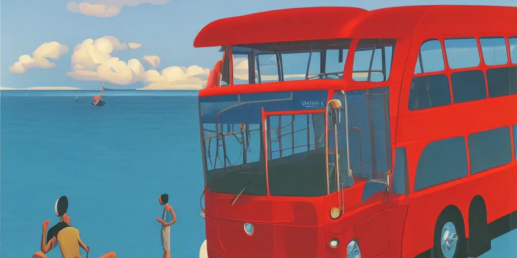 Prompt: a gigantic crab attacks a bus, blue sky, summer evening, kenton nelson