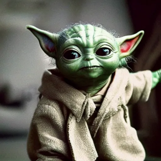 Image similar to baby yoda holding a gun