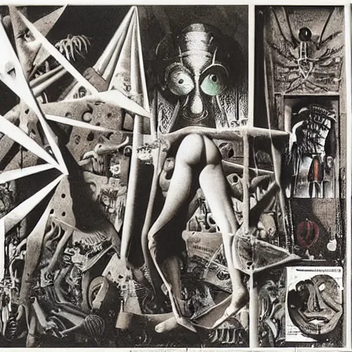 Prompt: a dadaist surrealist discordian subgenius collage of arachnophobia by max ernst, james gleeson, man ray, kurt schwitters, monochromatic source imagery, creepy, stygian, abyssal