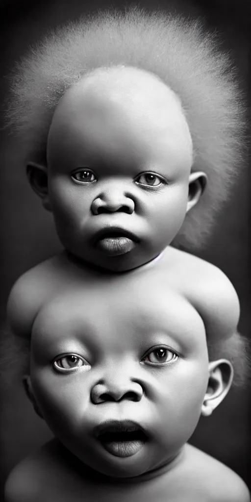 Prompt: award winning photo of african albino baby, dark colors, scary, symmetrical face, beautiful eyes, studio lighting, wide shot art by sally mann & arnold newman & h. r. giger