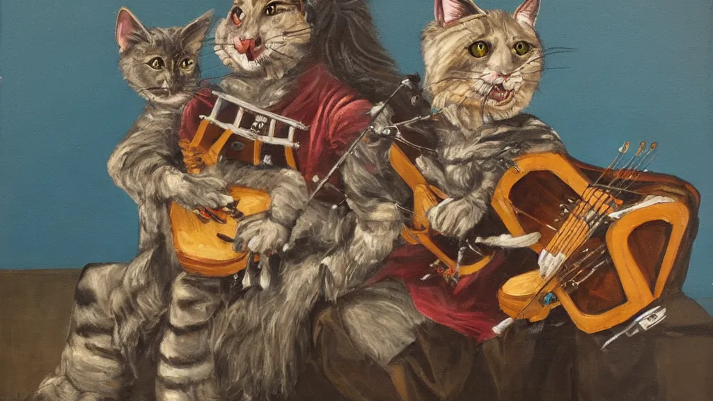 Prompt: A painting of a half-man half-cat creature playing the hurdy gurdy.