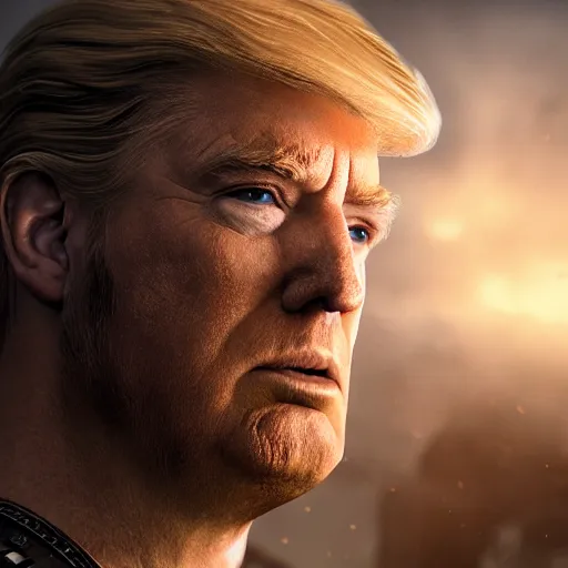 Prompt: Photo portrait of Donald Trump as King Leonidas in Gears of War, splash art, movie still, detailed face, photorealistic facial features, cinematic lighting, dramatic, octane render, long lens, shallow depth of field, bokeh, anamorphic lens flare, 8k, hyper detailed, 35mm film grain