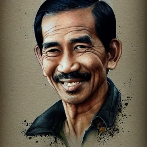 Prompt: Joko Widodo without moustache by Jean-Baptiste Monge, profile, post processing, painterly, book illustration watercolor granular splatter dripping paper texture. Trending on artstation, post processing, pen and ink work. sharp focus