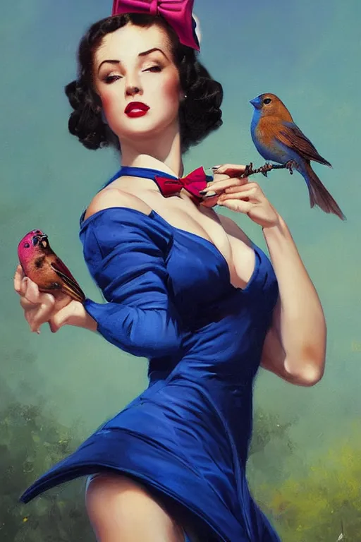 Image similar to hyper realistic painting, tasteful pinup girl holding an indigo bunting, bird, the bird is wearing a bowtie, by greg rutkowski, rossdraws, gil elvgren, enoch bolles, anime, porcelain skin, very coherent