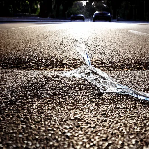 Prompt: a shattered glasses on road, natural light, detailed picture, sun rays