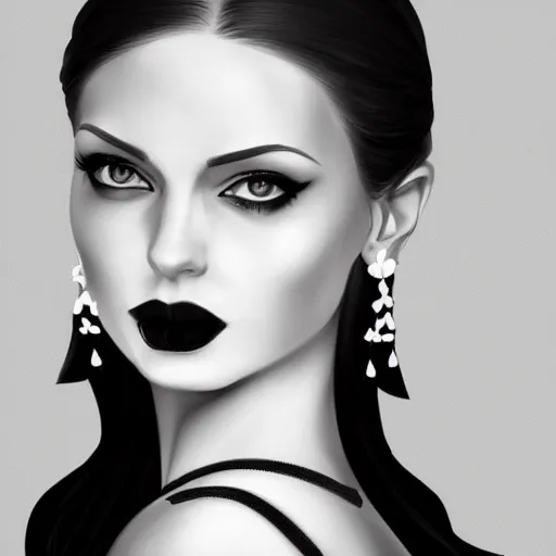 Prompt: black and white digital art painting portrait of elegant gothic lady with earrings, dark background, perfect lighting, high contrast, arstation, artgerm, wlop, 4 k