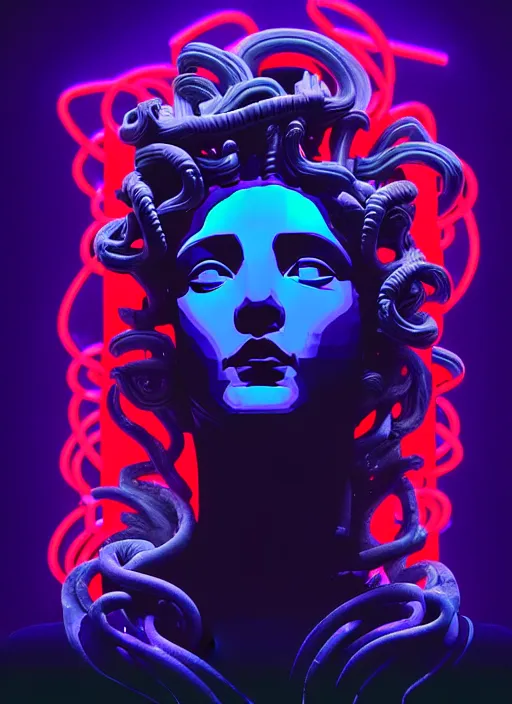 Image similar to statue of medusa, beeple, android jones, liam wong, ( ( ( ( ( dan mumford ) ) ) ) ), vaporwave, retrowave, black background, neon wiring, black, glitch, strong contrast, cuts, pinterest, trending on artstation