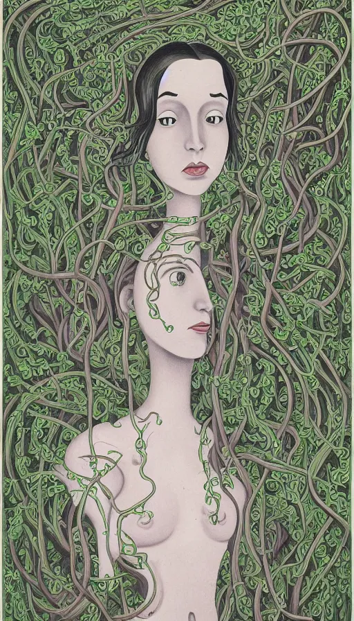 Image similar to very detailed portrait of a 2 0 years old girl surrounded by tentacles, the youg woman visage is blooming from fractal and vines, by charles addams