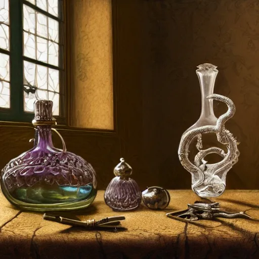 Prompt: wide shot, intricate hyper detailed ultra sharp, a lilac glass round potion bottle of poison, a ring with a silver octopus on the table, a letter, an envelope, sharp focus, global illumination, painting, museum, masterpiece, vermeer, radiant light, alexandre ferra, irakli nadar, octane render, unreal engine, 4 k, ultra hd,