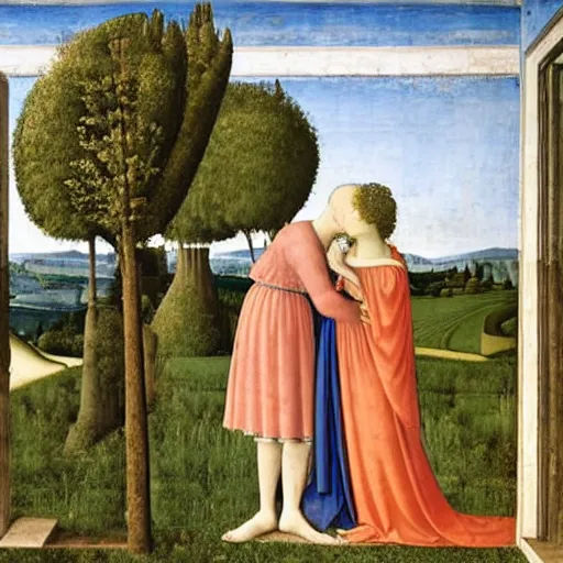 Prompt: a couple kissing, behind them is a window that shows a hilly landscape with vineyards, piero della francesca, 1 4 5 0