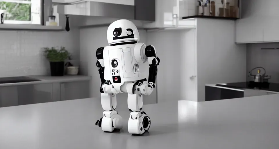 Prompt: short droid robot helper, white plastic and shiny black, IKEA Catalogue photo in a high end farmhouse style kitchen