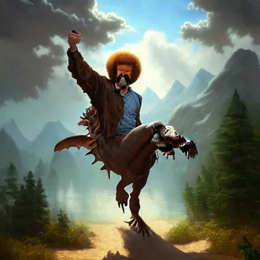 Image similar to bob ross!!! riding!!! a dinosaur!!, giant afro!, model pose, ultra realistic, concept art, intricate details, highly detailed, photorealistic, octane render, 8 k, unreal engine. art by artgerm and greg rutkowski and alphonse mucha