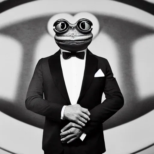 Prompt: portrait of Pepe the Frog as James Bond, photography by Cecil Beaton, Hollywood style lighting, black and white, photorealistic