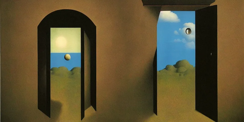 Prompt: A door that opens to another dimension by Richard Corben, by by René Magritte, surrealism, gothic, baroque