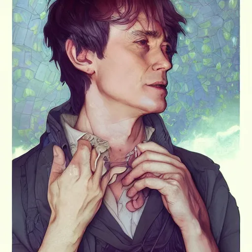 Image similar to a portrait of willem defoe looking up as flower petals flow gently as a breeze blows them from left to right on a cloudy day with blue skies, art by artgerm and greg rutkowski and magali villeneuve and alphonse mucha and rossdraws and makoto shinkai, d & d, fantasy, highly detailed, digital painting, trending on artstation