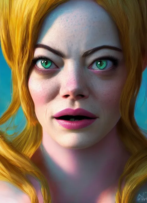 Image similar to portrait of emma stone as shrek, disney style, naturel, hyper detailed, digital art, trending in artstation, cinematic lighting, studio quality, smooth render, unreal engine 5 rendered, octane rendered, art style by klimt and nixeu and ian sprigger and wlop and krenz cushart.