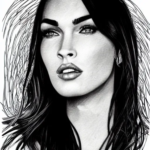 Image similar to “Megan Fox, portrait!!! Portrait based on doodles, scribbled lines, sketch by Liz Y Ahmet, monochrome, concept Art, million lines, white background, ultra detailed portrait, 4k resolution”