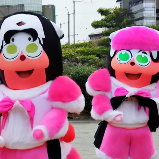 Prompt: a pink cartoon Japanese mascot costume