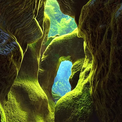 A cave inside a Canyon, green and blue moss, fusion of | Stable ...