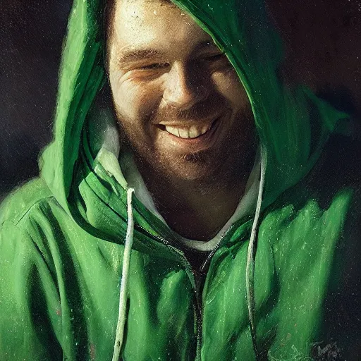 Prompt: portrait of a smiling chad programmer with green hood by jeremy mann, dramatic lighting, close up