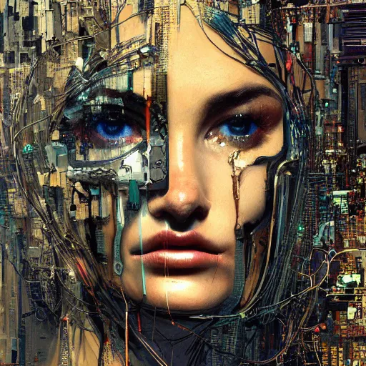 Prompt: sexy beautiful woman head made of mech mask rendered in unreal engine, cinematic light, cyberpunk, microchips, wires comming from core processor scifi, painted by david burliuk | bernard buffet | carne griffiths | wlop