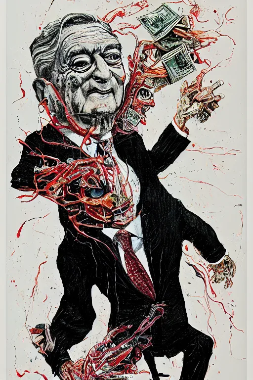 Image similar to George Soros full body shot, dollar bills Body horror, biopunk, by Ralph Steadman, Francis Bacon, Hunter S Thompson