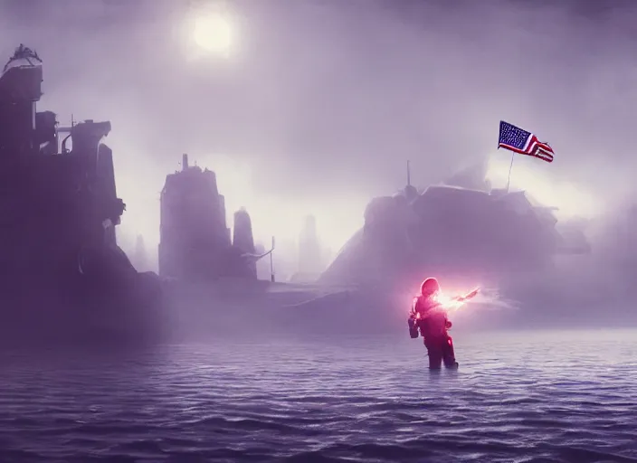 Image similar to astronaut holding a flag in an underwater desert. a submarine is visible in the distance. dark, concept art, cinematic, dramatic, atmospheric, 8 k, trending on artstation, blue, fish, low visibility, fog, ocean floor, christopher nolan, interstellar