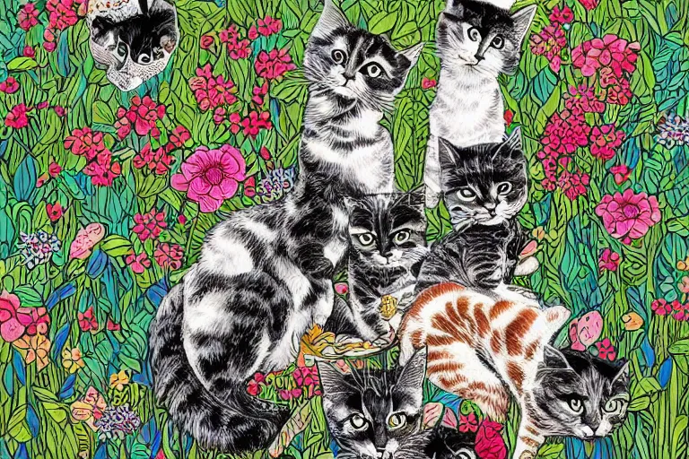 Image similar to detailed intricate ink illustration, a group of cat playing in a garden of flowers, a mix media painting by Sandra Chevrier