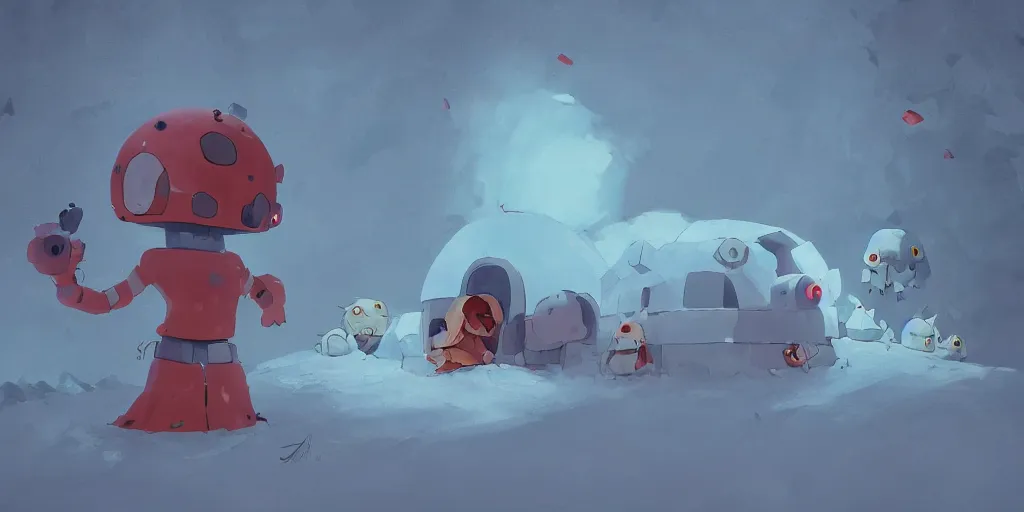 Prompt: cute anime monsters in front of an igloo by Goro Fujita and Simon Stalenhag , 8k, trending on artstation, hyper detailed, cinematic