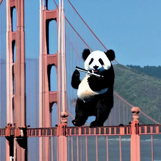 Image similar to a panda holding an umbrella and riding a unicycle on golden gate bridge,