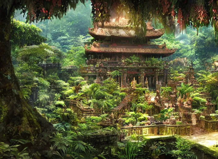 Prompt: Fantasy tropical forest temple. hidari, color page, tankoban, 4K, tone mapping, Akihiko Yoshida.