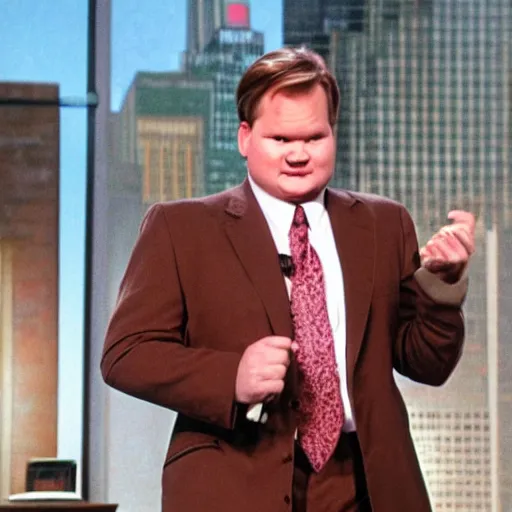 Image similar to Andy Richter is wearing a chocolate brown suit and necktie, holding a sign that reads Stop making these images of me of I WILL tell Conan!! Andy has a stern look on his face