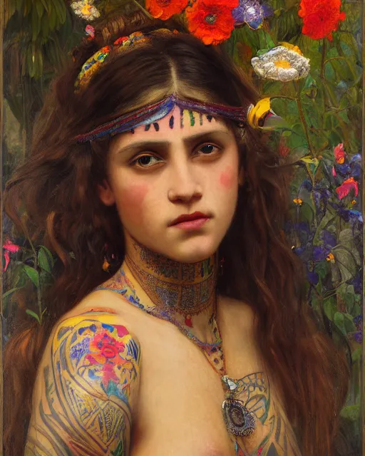 Image similar to a beautiful girl with colourful tribal tattoos surrounded by colourful flowers orientalist intricate portrait by john william waterhouse and edwin longsden long and theodore ralli and nasreddine dinet, oil on canvas. cinematic, hyper realism, dramatic lighting, high detail 8 k