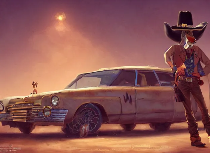 Image similar to character portrait feature of the anthro male anthropomorphic rat fursona wearing cowboy outfit wild west desperado standing next to an old monte carlo vintage car, a man whose heart is hollow, character design stylized by charlie bowater, ross tran, artgerm, makoto shinkai, detailed, soft lighting, rendered in octane