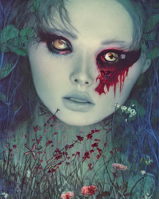 Prompt: a pretty but sinister and creepy monster in layers of fear, with haunted eyes, wearing punk clothing, violence in her eyes, 1 9 7 0 s, seventies, delicate embellishments, a little blood, woodland, blue dawn light shining on wildflowers, painterly, offset printing technique, by alexandre cabanel and brian froud