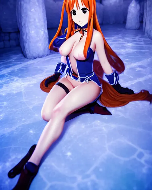 Image similar to pinup photo of asuna from sao in ice dungeon, asuna by a - 1 pictures, by gil elvgren, glossy skin, pearlescent, anime, very coherent, maxim magazine, 3 d, vray, unreal 5, octave rendey, maya