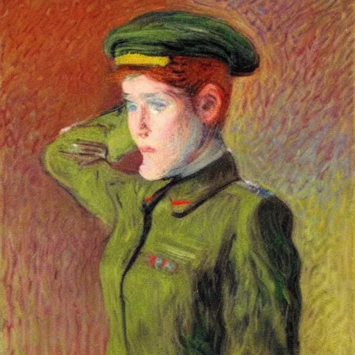 Prompt: a female soldier holding a a stapler to her own head and looking depressed by monet realistic, high details