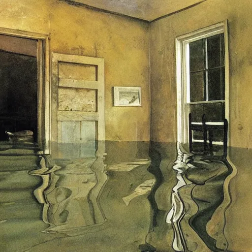 Prompt: painting of the inside of a flooded house, by Andrew Wyeth